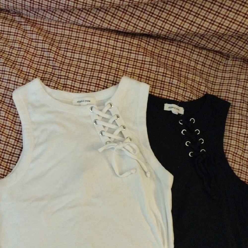 Juniors Lace-Up Tank Top - White and Black